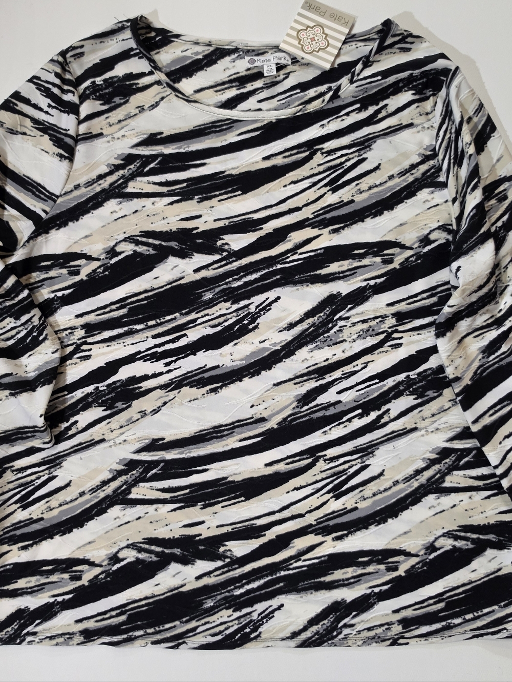 NWT Kate Park Tunic Top XL Cream White Black Abstract 3/4 Sleeve Art To Wear